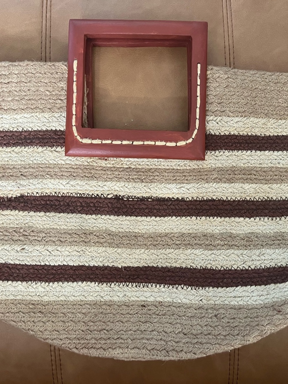 Olivia Miller Cream & Brown Striped Woven Tote with Square Wooden Handle